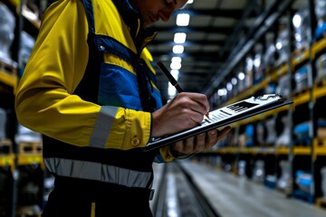 wholesale, logistic business and people concept - manual worker and businessman with clipboards at warehouse. Beautiful simple AI generated image in 4K, unique. - obrazy, fototapety, plakaty