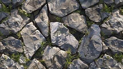 A close up of a rocky surface with small plants growing between the cracks.