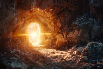 Empty tomb with stone rocky cave and light rays bursting from within. Easter resurrection of Jesus Christ. Christianity, faith, religious, Christian Easter concept - Powered by Adobe