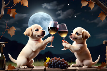 Cute puppies toasting with wine glasses under the-full moon.