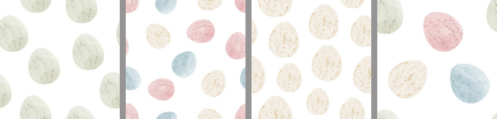 Watercolor set of seamless patterns. Collection of hand drawn pastel Easter eggs