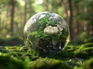 Crystal earth on green grass forest.  Environment and ecology concept. - obrazy, fototapety, plakaty