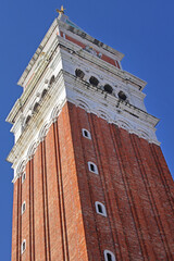 Saint Mark Tower San Marco Campanile Historic Landmark Close up Perspective Venice Italy - obrazy, fototapety, plakaty