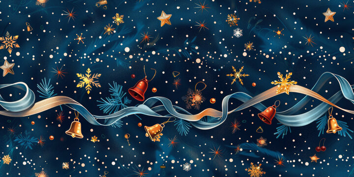 An illustrated festive background with silver ribbons, golden bells, stars, snowflakes, and pine branches on a dark blue backdrop.