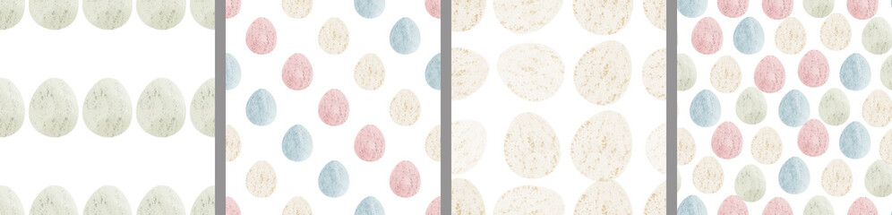 Watercolor set of seamless patterns. Collection of hand drawn pastel Easter eggs