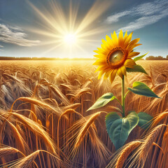 A lone sunflower stands tall amidst a field of golden wheat under a clear sky with the sunburst creating a radiant effect  - 794099171