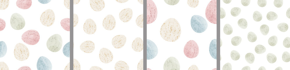 Watercolor set of seamless patterns. Collection of hand drawn pastel Easter eggs