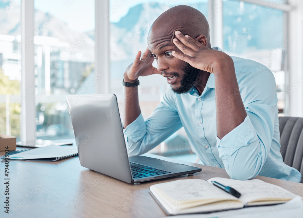 Aufkleber laptop, stress and business black man in office with mistake, glitch and error on computer. burnout,