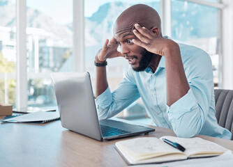 Laptop, stress and business black man in office with mistake, glitch and error on computer....