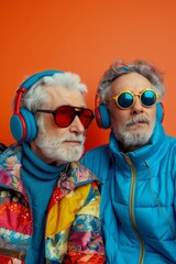 Funny old couple dressed as teenagers with sunglasses and earphones having fun