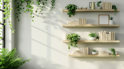 A white wall with shelves and plants