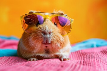 Funny guinea pig wearing sunglasses in studio with a colorful and bright background. - obrazy, fototapety, plakaty