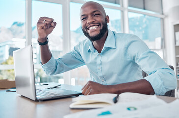 Black man, laptop and celebrate in office portrait, online success and prize giveaway or bonus. Male person, excited and fist pump for victory in workplace, lottery and promotion or reward on website