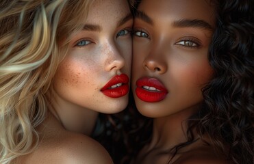 Two stunning women, one blonde and the other with curly dark locks, both wearing red lipstick