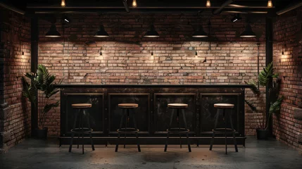 Fotobehang A brick wall with a bar and four stools © tope007