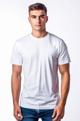Obraz premium Man wearing white t-shirt isolated on white background, closeup. Mockup for t-shirt design or print. T-shirt template