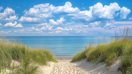 A sandy path leading to the shore of Lake Michigan, with dunes and grasses on either side, under a blue sky with white clouds. 