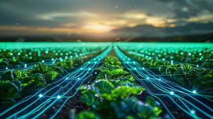 A field of crops with a glowing blue grid of lines running through it - obrazy, fototapety, plakaty