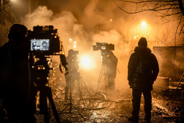 Fototapeta premium Film crew shooting a night scene with atmospheric fog