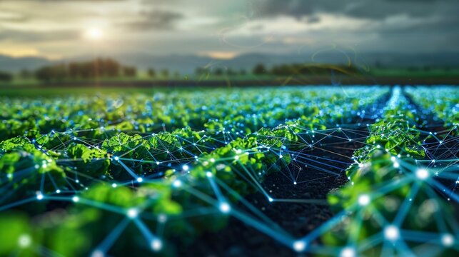 Field of green plants with a network of blue lines connecting them. The background is a sunset over a rural landscape.