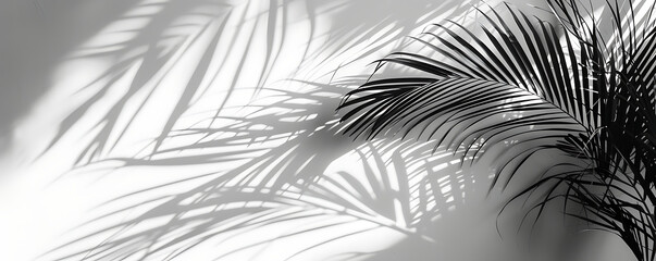 Abstract black  palm leaf shadown on a white wall Background. Blank copy space.