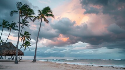 A serene beach scene in the Dominican Republic, palm trees swaying gently by the shore with storm clouds gathering above.  - obrazy, fototapety, plakaty