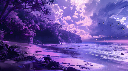Waves on the sand of a beautiful wild tropical beach. Silhouettes of palm trees on the background of purple sunset