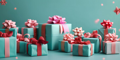 Several gift boxes with various sizes and ribbon colors on a teal background, giving a festive or celebratory impression.