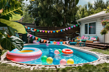 Backyard garden with a small swimming pool with inflatable toys. Generative AI - obrazy, fototapety, plakaty