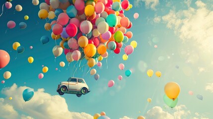 A small car is flying in the sky, surrounded by colorful balloons. The balloon has an air volume of about one million.