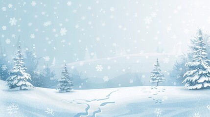 A snowy landscape with falling snowflakes, a clear blue sky, and small pine trees covered in white snow. 