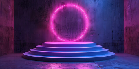 A circular neon light installation on top of white steps in a moody, purple-lit room with textured walls.