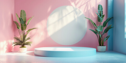 Minimalist bathroom with round bathtub, potted plants, and natural light casting shadows on pastel pink and blue walls.
