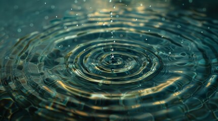 A single drop of water hitting a still pool, the ripples expanding outwards in a mesmerizing pattern of circles, suitable for a spa or relaxation retreat advertisement.