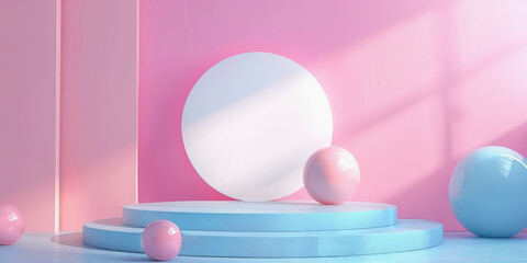 Abstract 3D render of pastel pink and blue spheres on cylindrical platforms with soft shadows in a minimalistic setting.