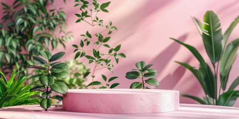 Indoor plants on a pink platform with sunlight casting shadows on a pastel wall, creating a tranquil, aesthetic environment.