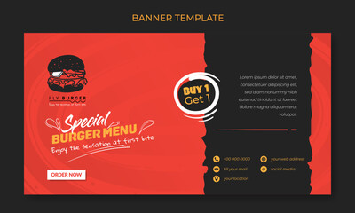 Banner template design with red and black background with burger icon design for advertisement