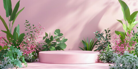 3D-rendered image of a minimalist pink podium surrounded by lush green plants and flowers with soft shadows on background.