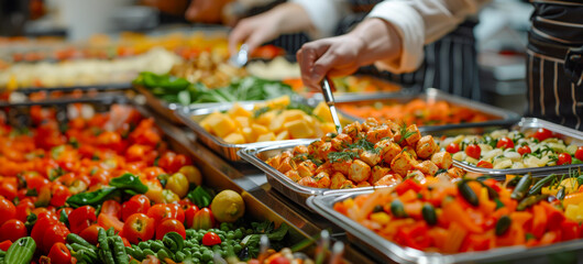 Buffet serving variety of fresh and healthy dishes - obrazy, fototapety, plakaty
