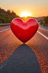 heart on the road with sunset 