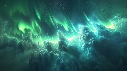 Fototapeta premium Aurora: A mesmerizing 3D depiction of the aurora borealis, with cascading ribbons of green and blue