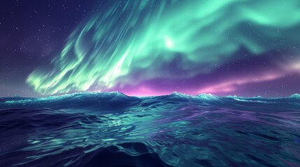 Naklejka premium Aurora: An awe-inspiring 3D rendering of the aurora borealis, with dynamic waves of green and purple