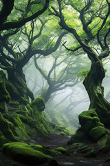 morning in the forest with fog.