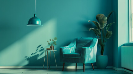A blue room with a chair and a potted plant