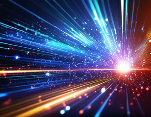 Abstract high-speed technology background with glowing lines and particles