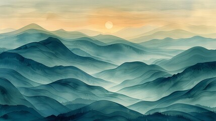 An abstract landscape of rolling hills and valleys with delicate linework defining the terrain against a backdrop of soft