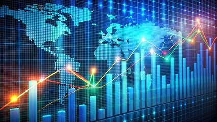 Global Business Data Visualization with World Map and Glowing Finance Graphs