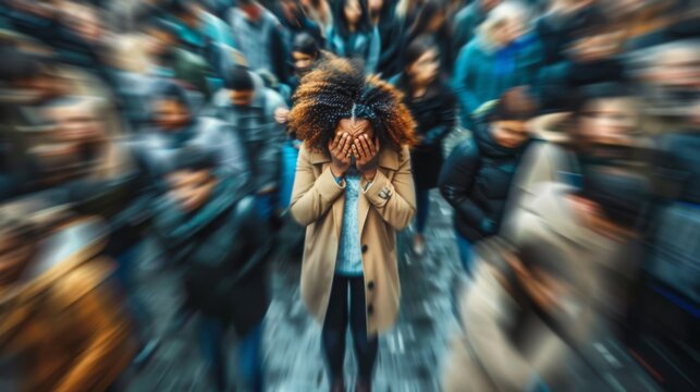A Woman Overwhelmed in Crowd