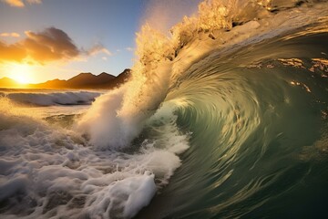 b'Huge wave crashing on beach at sunset' - obrazy, fototapety, plakaty