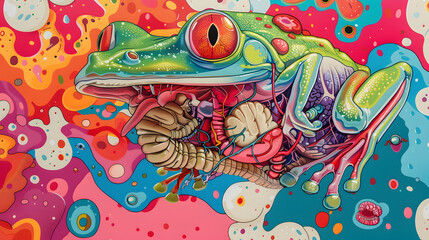 educational and funny vibrant frog poster exploring animal's internal organ anatomy, vibrant watercolor painting, 